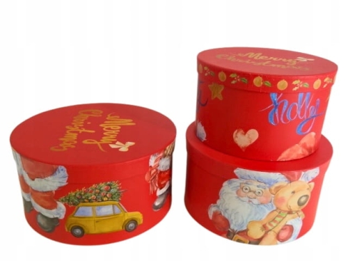 Flower box pudełko 3w1 okrągłe czerwone świąteczny wzór Prezent Mikołaj Dek