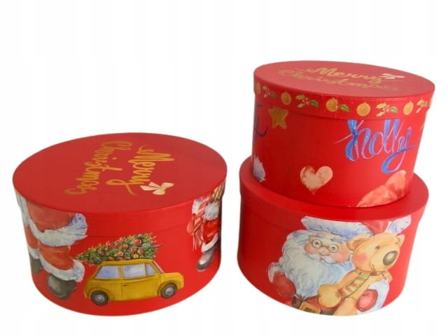 Flower box pudełko 3w1 okrągłe czerwone świąteczny wzór Prezent Mikołaj Dek