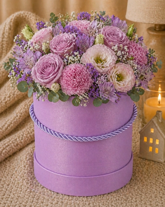 Flower Box zestaw 2w1 pudełek lilac fioletowych ze sznurkiem eleganckie lux