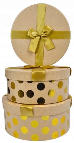 Flower Box zestaw 3 pudełek okrągłe craft/miodowo-złoty, złote zdobienia