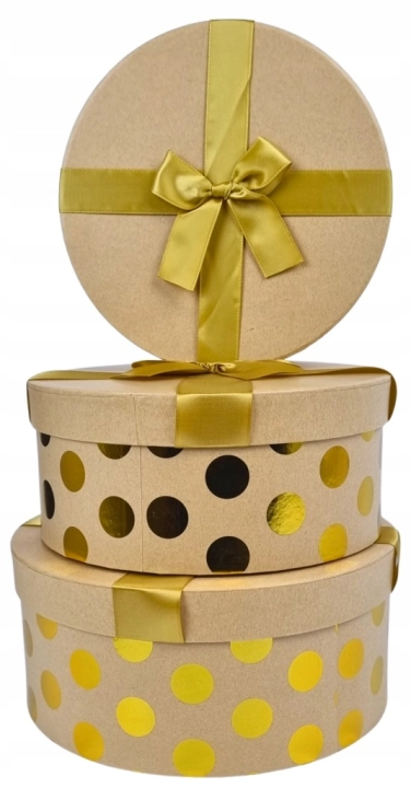 Flower Box zestaw 3 pudełek okrągłe craft/miodowo-złoty, złote zdobienia