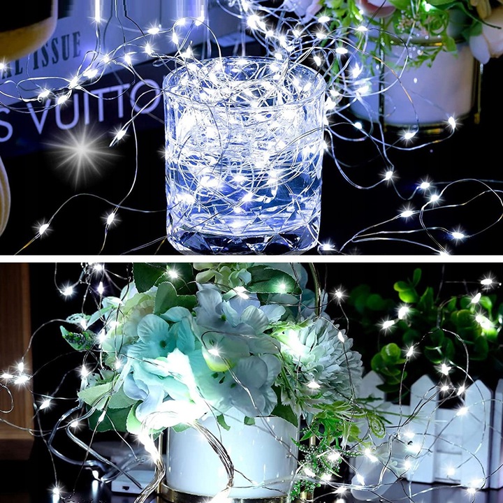 LAMPKI DRUCIKI 100LED ZIMNE BIAŁE ŚWIATEŁKA MIKRO ŻYŁKI NA BATERIE ŚWIATŁO