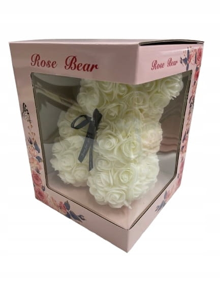 MIŚ Z RÓŻ 20CM Kremowy PIĘKNY PREZENT KOMUNIA ROCZNICA PREZENT KARTONIK